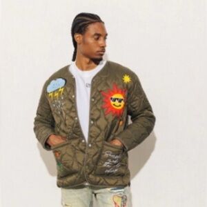 Men's Quilted Olive Green Jacket with Embroidered Designs